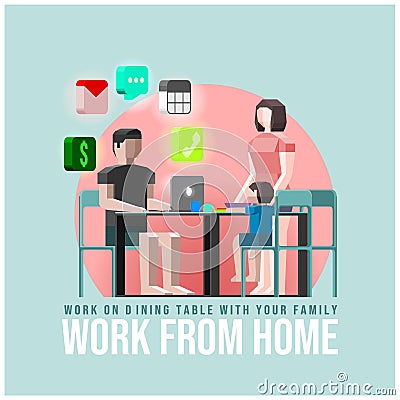 Work From Home On Dining Table With Familiy Vector Illustration