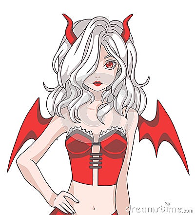 Vector illustration of Manga cartoon style girl with white hair wearing a red Halloween devil costume with wings and horns Vector Illustration