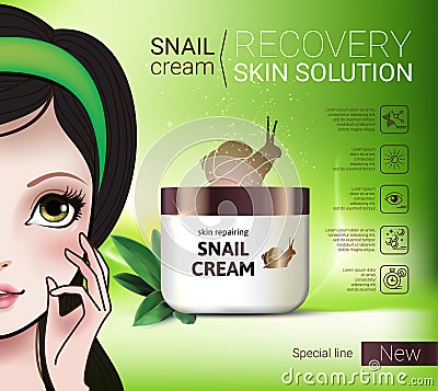 Vector Illustration with Manga style girl and snail cream container. Vector Illustration