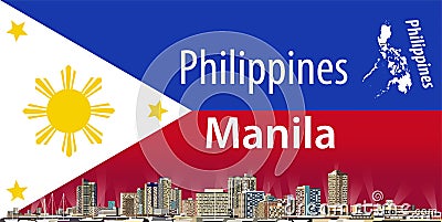 Vector illustration of Manila city skyline with flag of Philippines on background Vector Illustration