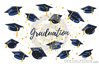 Vector illustration of many graduate caps and confetti on a whit Vector Illustration