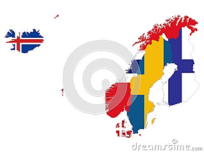 Map of North Europe-Nordic countries with national flag Vector Illustration