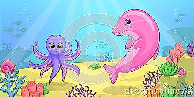 Cute cartoon dolphin and octopus underwater. Cartoon Illustration