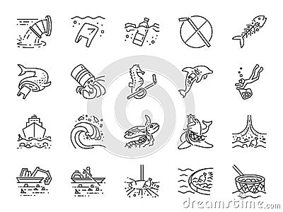 Marine pollution icon set. Included the icons as ocean trash, waste, junk, plastic, ocean cleaning and more. Vector Illustration