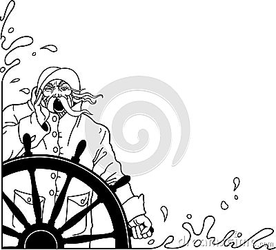 Mariner at Ship`s Wheel Illustration Vector Illustration