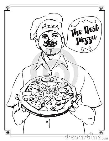 Vector illustration of a master pizza chef holding pizza in hand with apron and cooks hat Vector Illustration