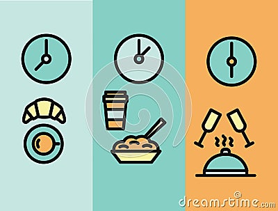 Vector illustration of meal time: breakfast, lunch, dinner. Clock and food Cartoon Illustration