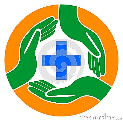 Medical care hands around the plus logo Vector Illustration