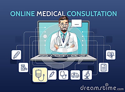 Vector illustration of medical online consultation with doctor using laptop. App concept with icons Vector Illustration