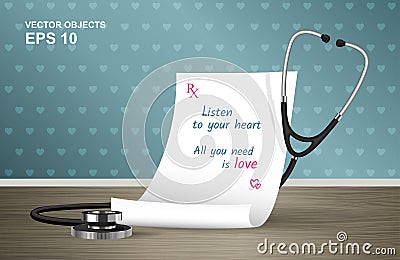 Vector illustration. Medical prescription and stethoscope on the table Vector Illustration