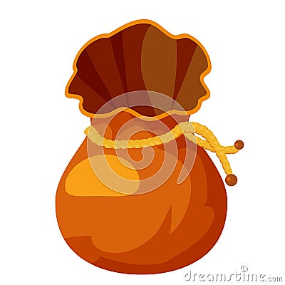 Vector illustration medieval purse, empty bag for gold and stack of golden coins. Brown leather bag icon, cartoon style Vector Illustration
