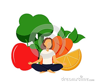 Vector illustration with meditating woman in a circle of fruits. Yoga and health eating as a lifestyle Cartoon Illustration