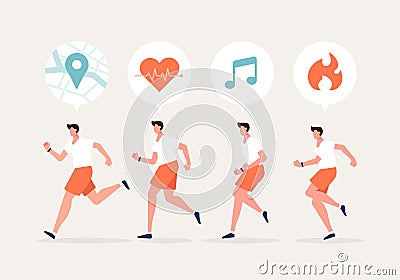 Men running character with smartwatch. Using a navigation, health, exercise app. Healthy lifestyle with technology devices concept Vector Illustration