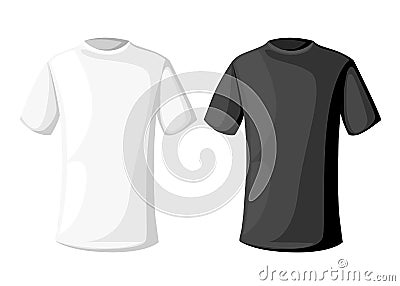 Vector illustration. Men's short round neck t-shirt . Front, side and back views. Black and white variants Cartoon Illustration