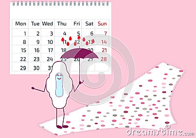 Vector illustration of menstrual pad with umbrella, calendar, pants. First woman menstruation. Menstruation and feminine hygiene p Vector Illustration