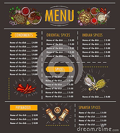 Vector illustration of a menu with a special offer of various herbs, spices, seasonings and condiments Vector Illustration
