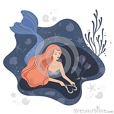 Vector illustration of a mermaid in love on the seabed with long hair Cartoon Illustration