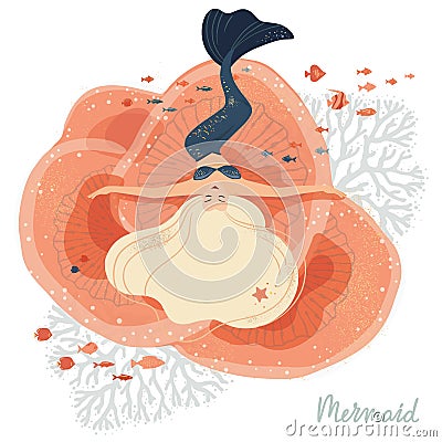 Vector illustration of a mermaid lying on the corals at the bottom. Isolated in white background Cartoon Illustration