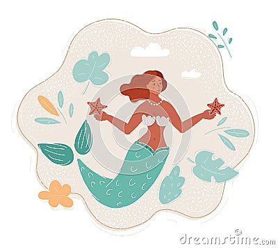 Vector illustration of Mermaid woman with starfish in her hands. Vector Illustration