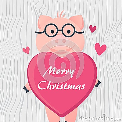 Cartoon pink piglet with heart in glasses Vector Illustration