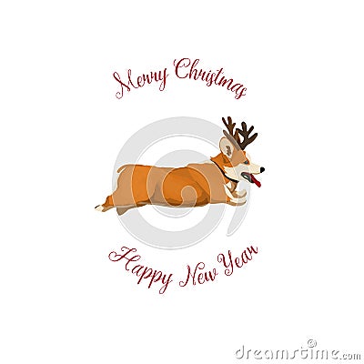 Vector illustration Merry Christmas and Happy new year card with a corgi dog with horns runs fast in cartoon style. Christmas Vector Illustration