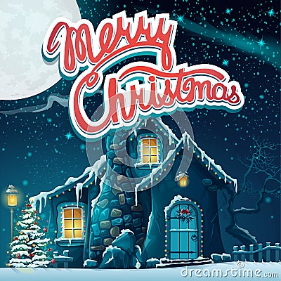 Vector illustration Merry Christmas with snow-covered house in t Vector Illustration