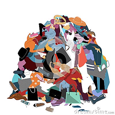 Vector Illustration with a Messy Pile of Dirty Laundry. Big pile of useless clothes. Nothing to wear concept, home stuff and Stock Photo