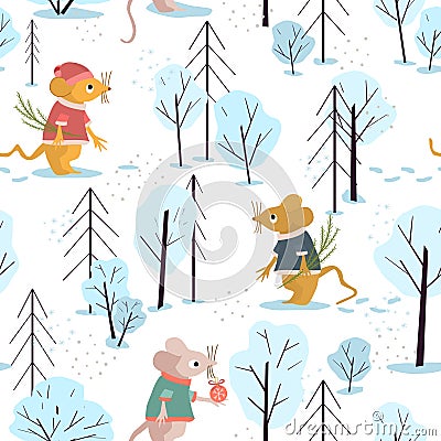 Vector illustration - mice in the forest. Seamless pattern for celebrating Christmas and New Year. Xmas background for your design Vector Illustration