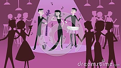 Mid Century Modern Retro Jazz Club Scene Cartoon Illustration