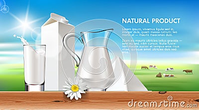 Vector illustration milk and dairy on a background of green lawn and herd cows. Vector Illustration