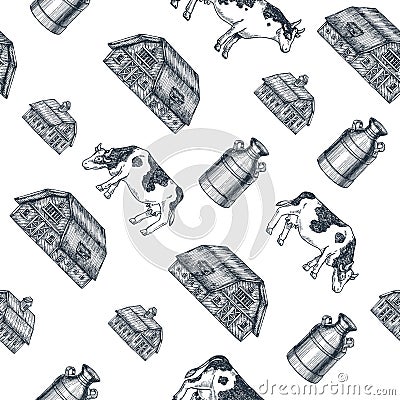 Milk farm seamless pattern. Cow, farm, milk can engraved illustration. Vintage husbandry. Vector illustration Vector Illustration