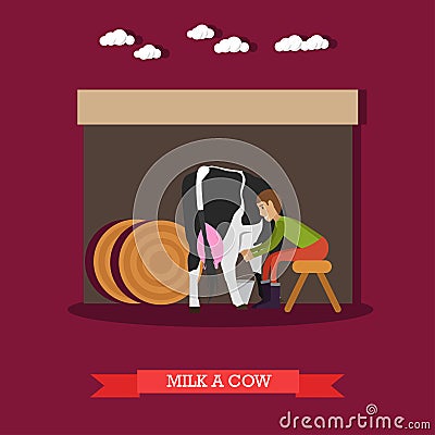 Vector illustration of milker milking cow in flat style Vector Illustration