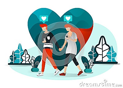 Vector illustration of millennial couple, present love, technology, social life 4.0,couple chatting on date. Man walking with his Vector Illustration
