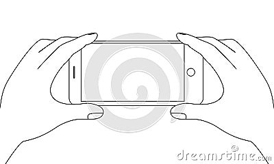 Vector illustration mobile device in hands outline and contour on white background. Vector Illustration