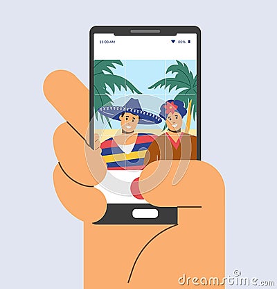 Vector illustration of mobile phone in hand with picture of Mexican couple in national costumes, pancho on background of Vector Illustration