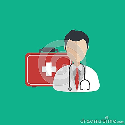 Vector illustration in a modern flat style, health care concept. A doctor in uniform with stethoscope and first aid kid Vector Illustration