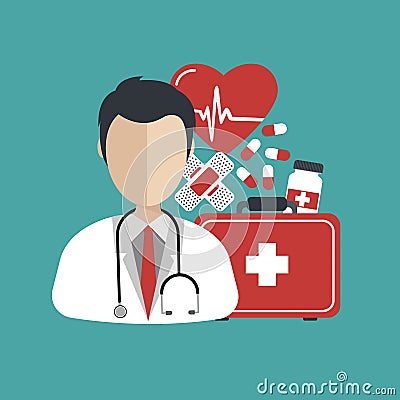 Vector illustration in a modern flat style, health care concept. A doctor in uniform with stethoscope and first aid kid Vector Illustration