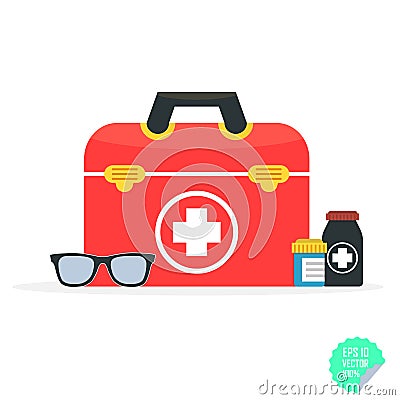 Vector illustration in a modern flat style, health care concept. Medical bag and medical icons. Flat illustration. Cartoon Illustration