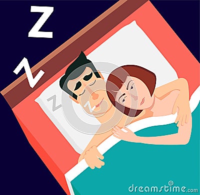 Vector illustration in modern flat style. Snoring man, couple sl Vector Illustration
