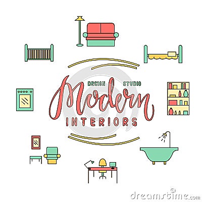 Modern interiors design studio lettering with rooms icons Vector Illustration