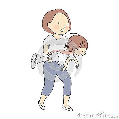 Vector illustration of mom holding kid to fly like superman. Family, motherhood, child playing, happy mother`s day Cartoon Illustration