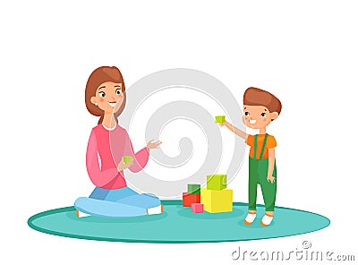 Vector illustration of mom playing blocks with her son on the carpet. Playing at home, time with family, nanny with kid Vector Illustration