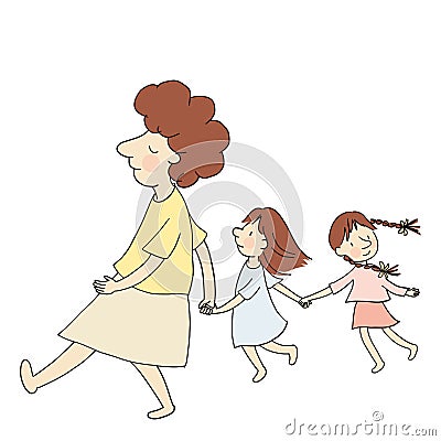 Vector illustration of mom and two little kids walking together hand in hand Vector Illustration