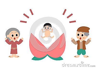 Vector illustration of Momotaro. Well-known folktale in Japan. Momotaro was born from a peach and surprised elderly couple. Vector Illustration