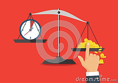 Vector illustration. Money and time balance on the scale. Vector Illustration