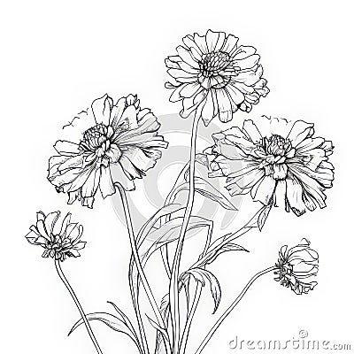 Delicate Ink Drawing Of Zinnia-shaped Snapdragon Flowers Cartoon Illustration