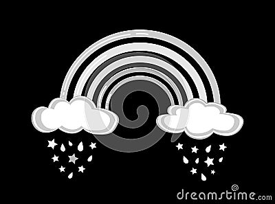 Vector illustration of monochrome rainbow with clouds and fairy rain isolated on the black background. Vector Illustration