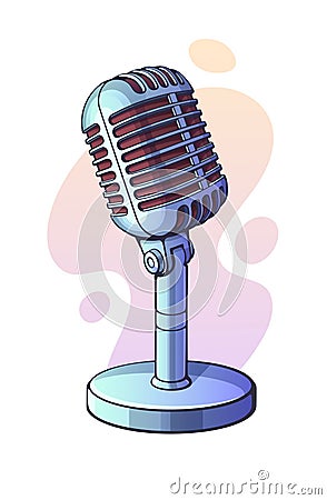 Vector illustration. Monochrome retro microphone for voice, music, sound, speak, radio recording. Jazz, blues, rock vintage mic. Vector Illustration