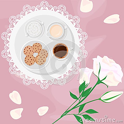 Vector illustration of morning coffee, milk, sugar and sweets in bed with flowers and biscuits with chocolate drops, on Vector Illustration