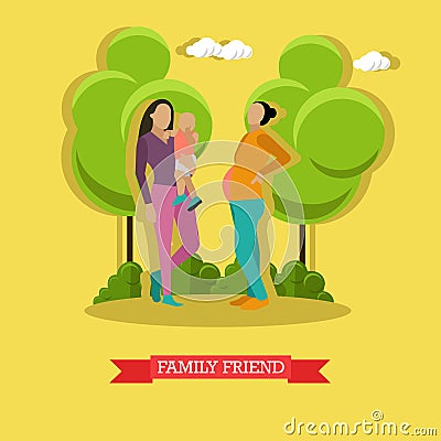 Vector illustration of mother holding her son, woman family friend. Vector Illustration